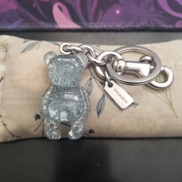 NWOT Coach Signature Teddy Bear Keychain Bag Charm Blue Silver Glitter Keyring - Picture 3 of 5